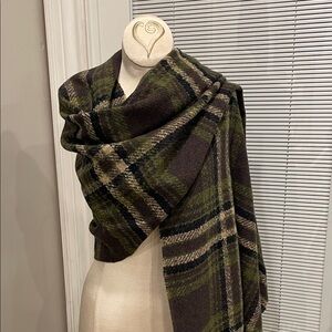 Plaid Wool-Blend Wrap Scarf - Green Brown Plaid